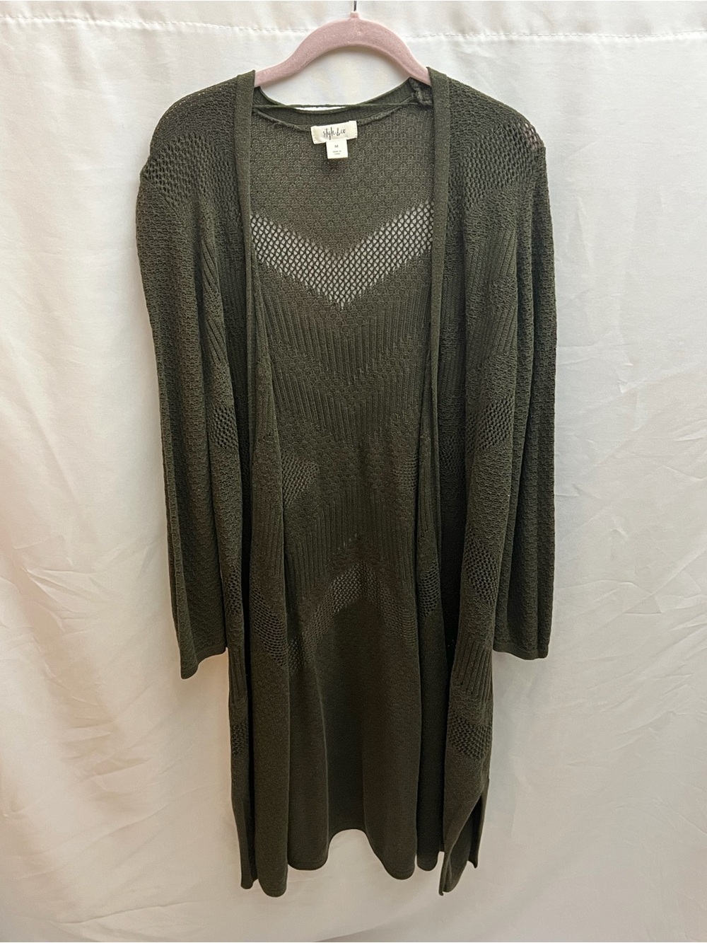 Style & Co Women’s Medium Olive Green Open Knit Long Cardigan Duster